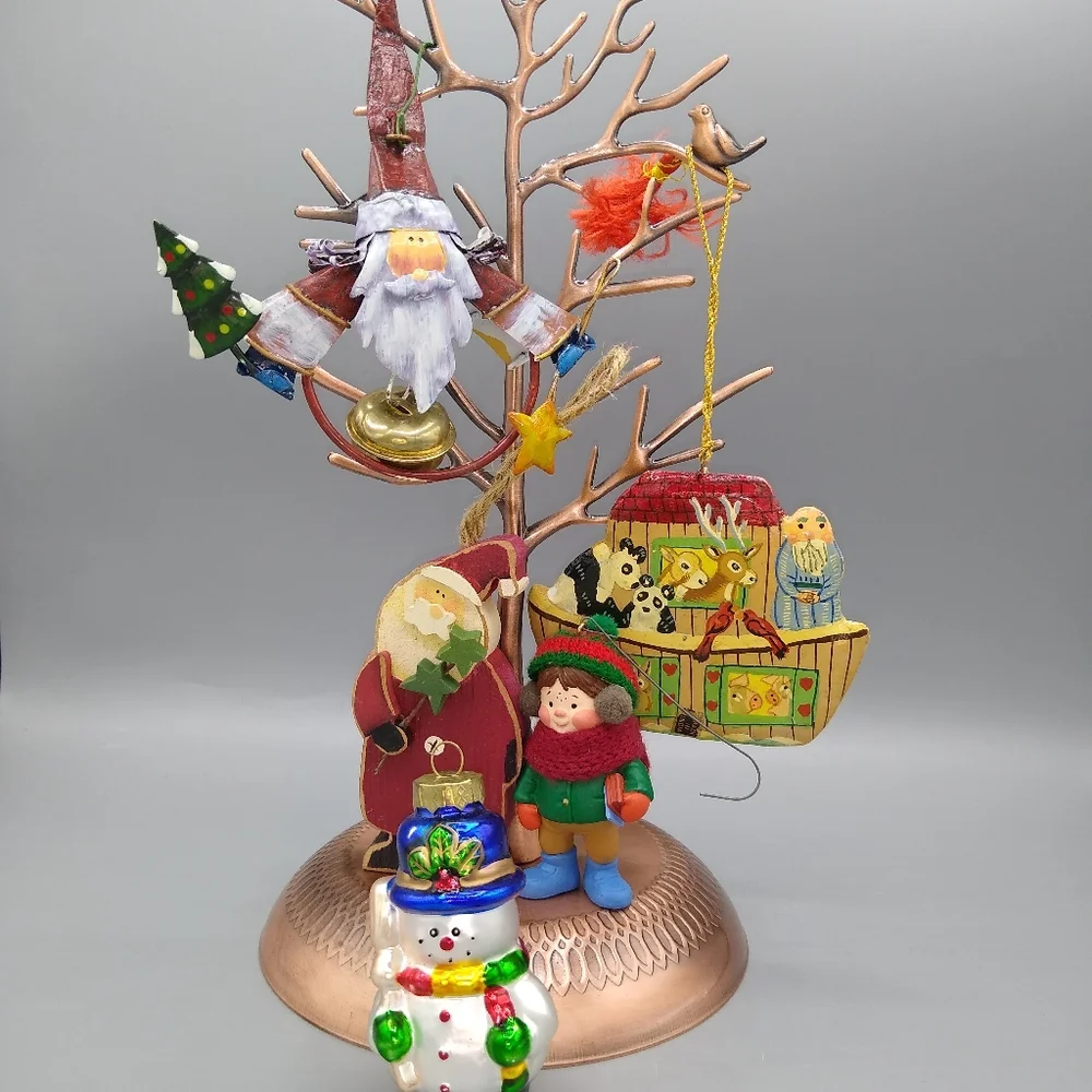 Christmas Tree Ornaments Wood Santa Glass Snowman Schoolboy Noah's Ark Set 5 Vtg